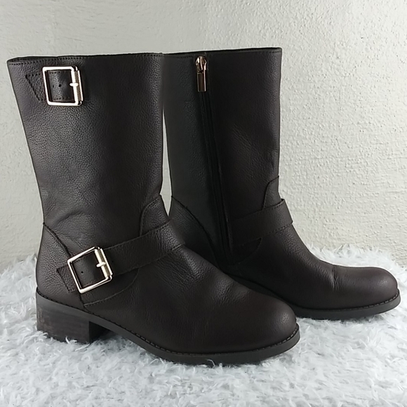 𝅺Sole Society Wylann Brown Leather Almond Toe Block Heel Mid Calf Harness Boot - Picture 4 of 16